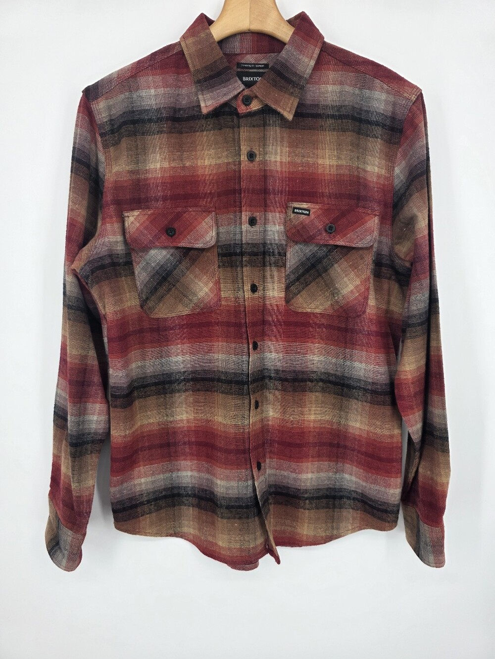 Brixton Rust Red and Tan Plaid Flannel Shirt Size M.